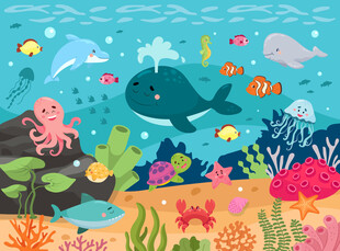 卡通海豚海底鲸鱼动物珊瑚背景墙
