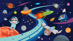 卡通动物宇航员外太空星球背景墙