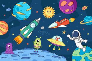 手绘火箭宇宙星球宇航员太空背景
