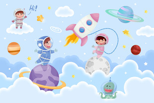 卡通宇航员太空火箭星球儿童背景
