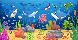 梦幻海洋鲨鱼卡通海豚海底背景墙