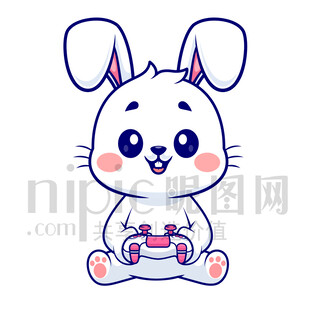 可爱卡通打电玩的小白兔