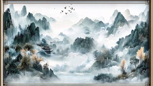 日本画　山水画　金箔背景 金箔山水画素材-金箔山水画图片-金箔山水画设计模板-昵图网