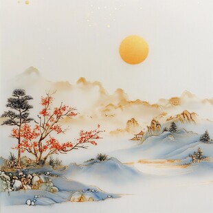 日本画　山水画　金箔背景 日本画 山水画 金箔背景 絵画