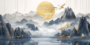 日本画　山水画　金箔背景 T40.jpg