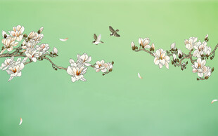 新中式工笔花鸟玉兰背景墙装饰画