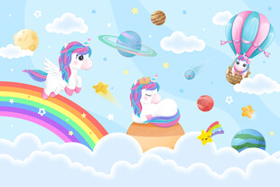 梦幻宇宙星球卡通彩虹独角兽背景