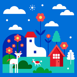 蓝天白云红瓦绿树鲜花小鹿