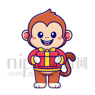 可爱卡通抱着礼物礼品的猴子