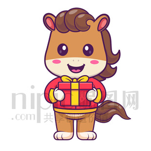 可爱卡通抱着礼物礼品的马