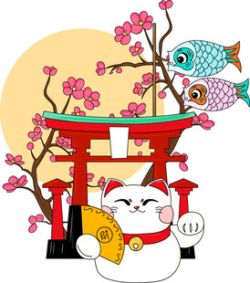 樱花招财猫 矢量图