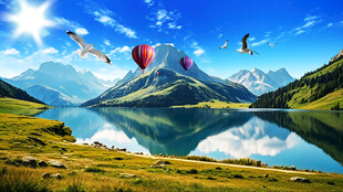 蓝天白云草地山峰湖泊