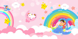 卡通粉色少女彩虹桥背景墙