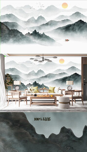 原创岩板新中式禅意山水背景墙