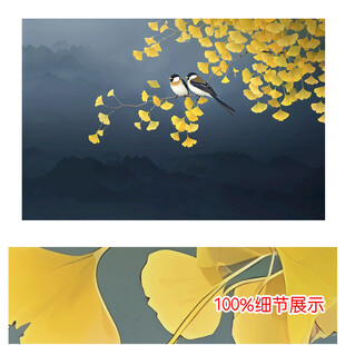 中式手绘花鸟藏蓝色背景墙