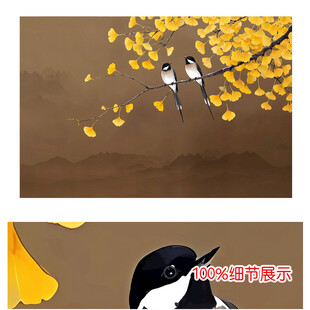 新中式手绘花鸟黄金杏叶意境背景