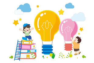 手绘阅读卡通儿童彩色灯泡思考