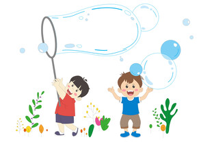 卡通孩子们在花园吹泡泡开心玩耍