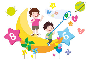 孩子用网子捉彩色数字星星风车