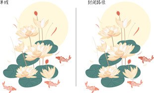 荷花与鱼 矢量图