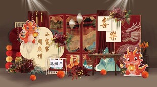 红色新中式卡通龙宝宝周岁宴背景