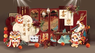 红色新中式女孩款龙宝宝周岁宴