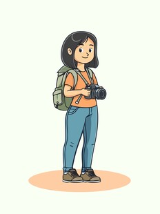 卡通手绘拿相机的女孩旅游