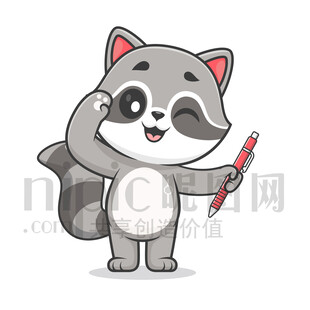 可爱卡通拿着笔敬礼的小浣熊