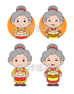 卡通老太太烧饼小笼包矢量图集