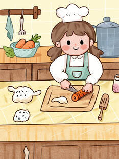 手绘卡通插画做饭的小女孩