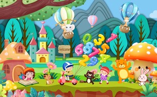 卡通火车彩虹气球背景墙图片