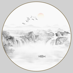 圆形水墨山水画