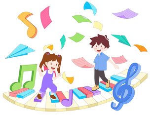 音乐课彩色钢琴键盘音符乐谱插画