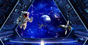 宇航员在宇宙舱内观星景