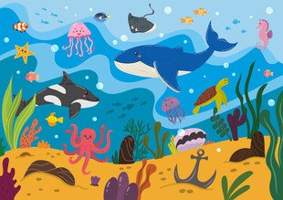 可爱鲸鱼卡通海底动物珊瑚背景墙