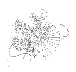 折扇花卉线稿图 矢量图