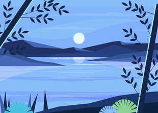矢量手绘扁平化月光湖水风景插画