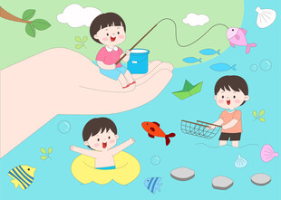 暑假夏季小溪户外游泳钓鱼抓鱼