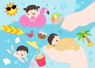 暑假夏季户外游泳钓鱼玩沙子插画