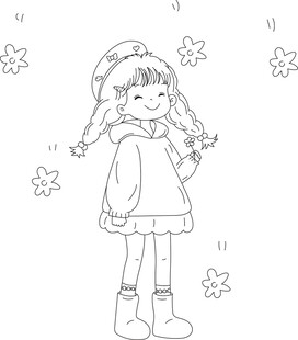 冬日女孩简笔画形象 矢量图