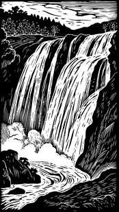 版画木刻风格山水瀑布插画