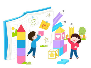 趣味阅读课彩色积木魔方书籍插画