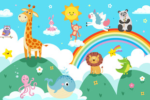 可爱动物卡通彩虹山峰儿童背景墙