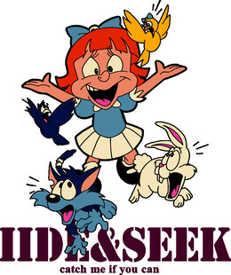 卡通女孩与动物玩捉迷藏