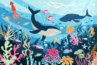 手绘鲸鱼卡通海底世界珊瑚背景墙