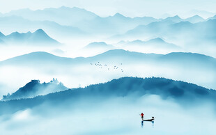 空灵意境山水风景蓝色写意背景墙