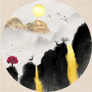 圆形山水麋鹿发财树