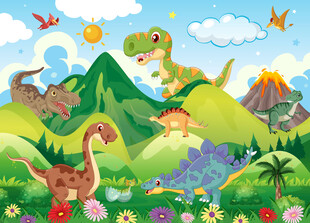可爱恐龙世界卡通山峰儿童背景墙