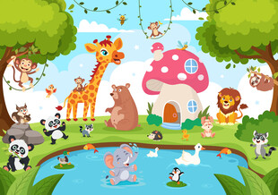 可爱小动物卡通丛林蘑菇房背景墙
