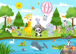 卡通丛林可爱动物乐园儿童背景墙